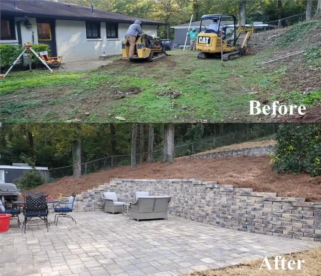 Custom retaining wall installation for a sloped backyard landscape