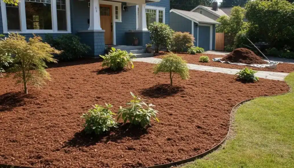 Professional landscapers installing mulch and plants at a Southern Oregon home