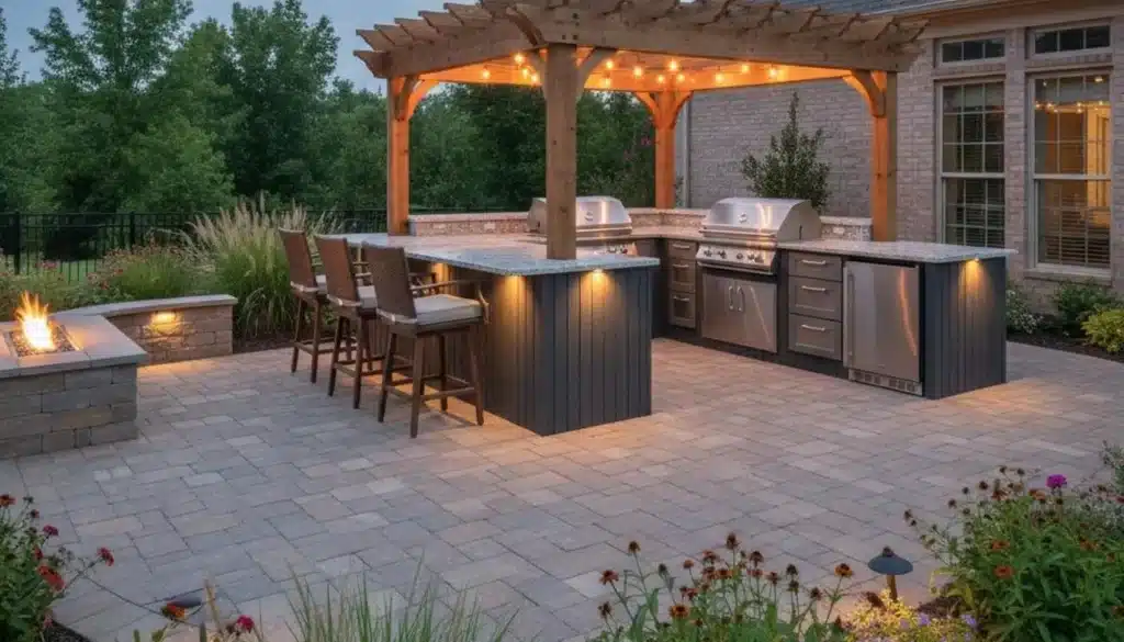 Outdoor kitchen and patio incorporated into a backyard remodel