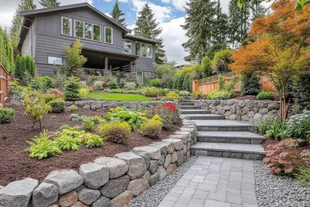 Sloped backyard property with retaining walls in Southern Oregon